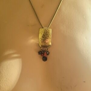 Marjorie Baer SF Vintage Hammered Brass Beaded Pendant Necklace 16-19inches 90s